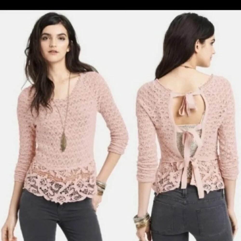 Free People Boho Open Knit Crochet Lace Flounce Tie Open Back XS Top Pink EUC